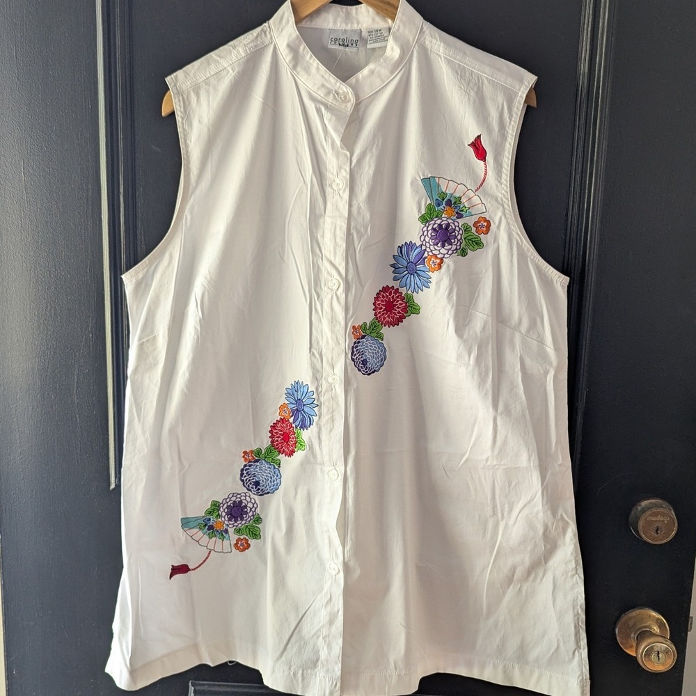 Vtg 90s Crisp White Cotton Floral Fan Embroidered Sleeveless Shirt Top Sz 18W